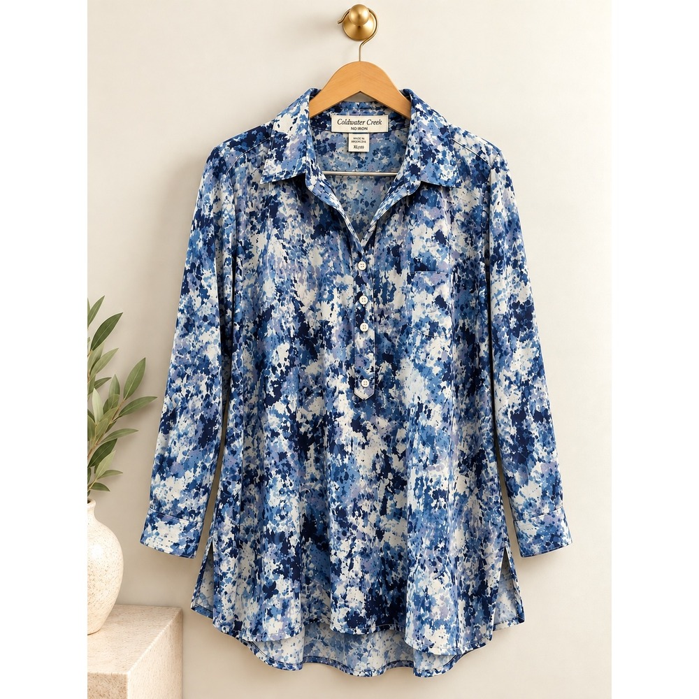 Coldwater Creek No Iron Cotton Tunic Shirt Blue Abstract Floral XL 18 4006611